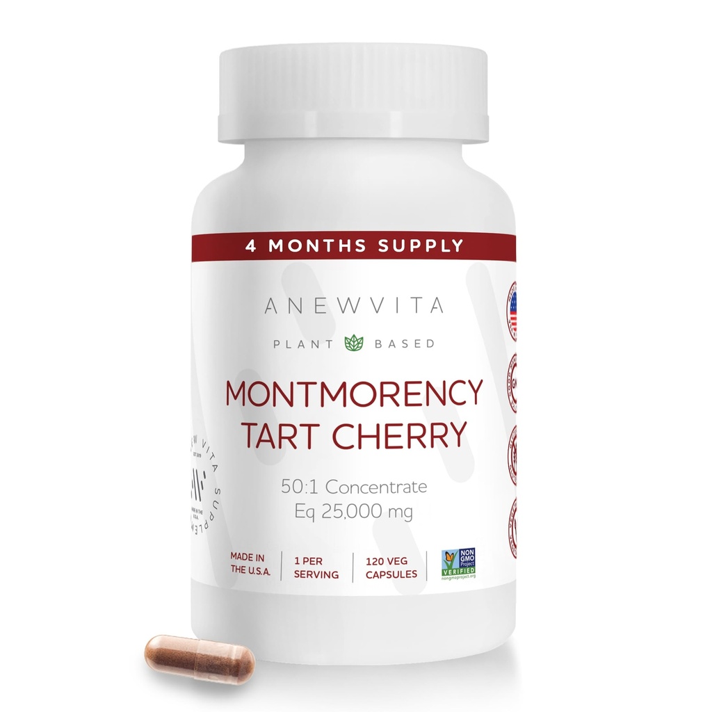 Montmorency Tart Cherry, Non GMO, Capsules - CherryPure 50:1 Concentrate eq. 25,000 mg - Antioxidantes " Flavonoids, Tart Cherry Extract for Gout " Muscles - 120 Veggie Capsules - 4 Month Supply