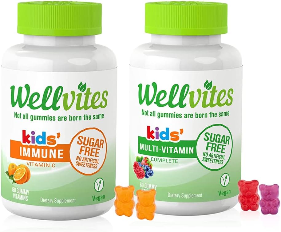 Wellvites Kids Multivitamin &amp; Immune Daily Gummies Bundle - Sugar Free, Vegan, Non-GMO – Vitaminas para Niños – Vitamina C para Niños Soporte Inmunitario - Sin Dulces Artificiales – 60 Con