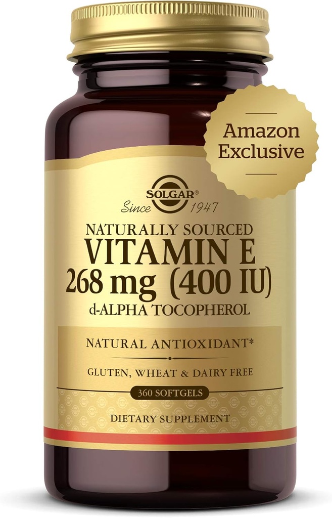 Solgar Vitamina E 268 mg (400 UI), 360 Alpha Softgels - Antioxidante natural, Skin &amp; Immune System Support - Vitamina E naturalmente alimentada - Gluten Free, Dairy Free - 360 Servings