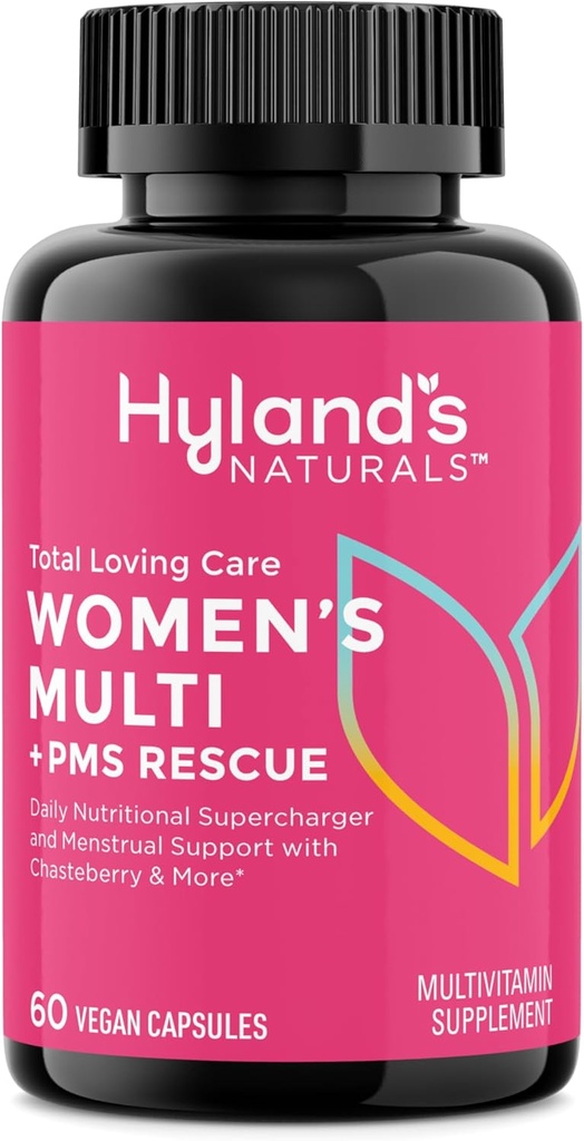 Cuidado total de amor de Hyland Multivitamin para mujeres y PMS Rescate, 60 cápsulas Vegan con L-Theanine para Focus y Stress Relief Support con Chasteberry y Dong Quai para soporte menstrual