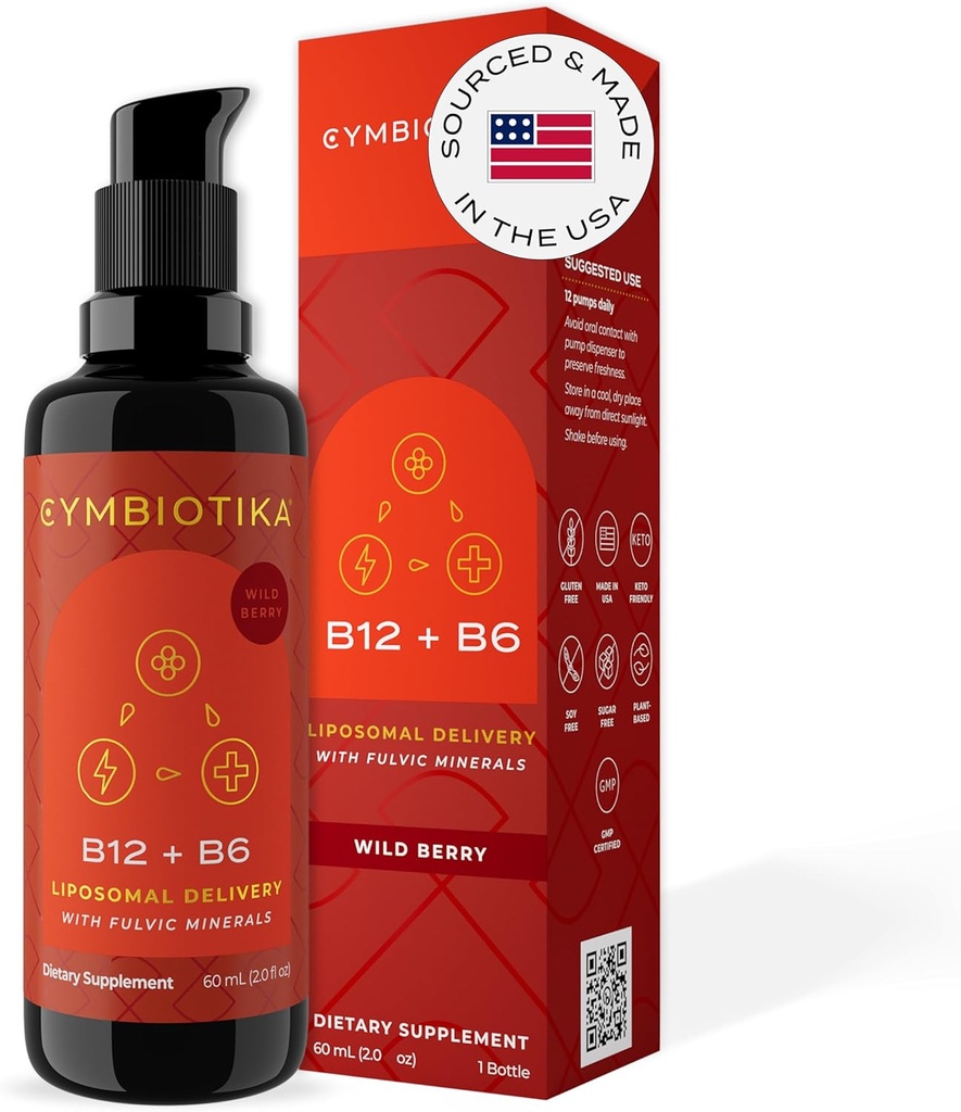 CYMBIOTIKA Liposomal Vitamina B12 Suplemento líquido, 1250 mcg, soporta energía, producción celular, ayuda a fortalecer el cabello, la piel " uñas, no Gluten libre, azúcar libre, Keto " Vegan Friendly, 2 oz