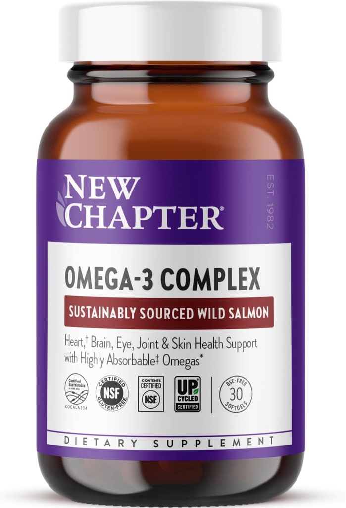 Nuevo capítulo Complejo Omega-3, 1000mg Softgels, suplemento de aceite de pescado Salvaje Salmón de Alaska para el corazón, cerebro, ojo, conjunto de salud de la piel - 30 cuenta
