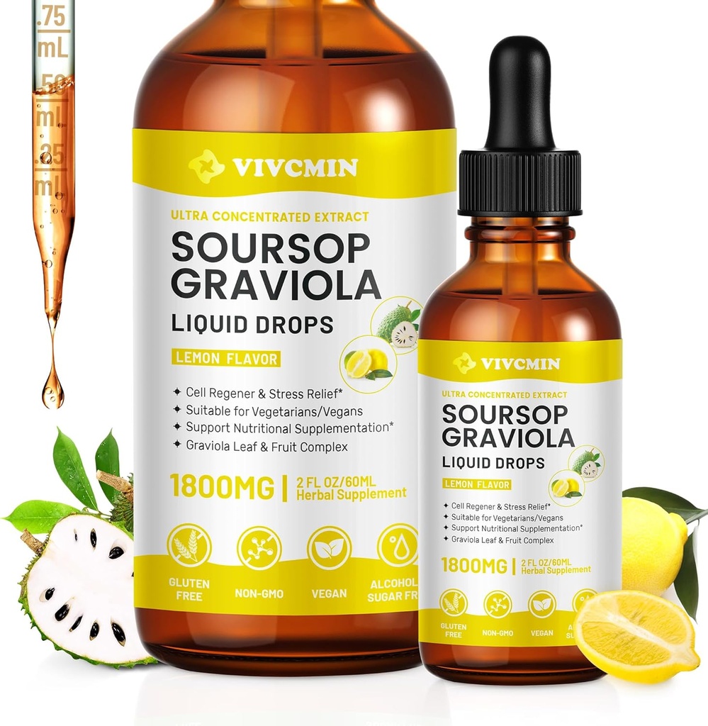 Graviola Soursop Leaf Extract Liquid - Soursop Bitters Liquid, Support Immune, Relax, Liver and Sleep, Sugar &amp; Alcohol-Free, Highly Absorbable Formula, Lemon Flavor, 2 Fl Oz