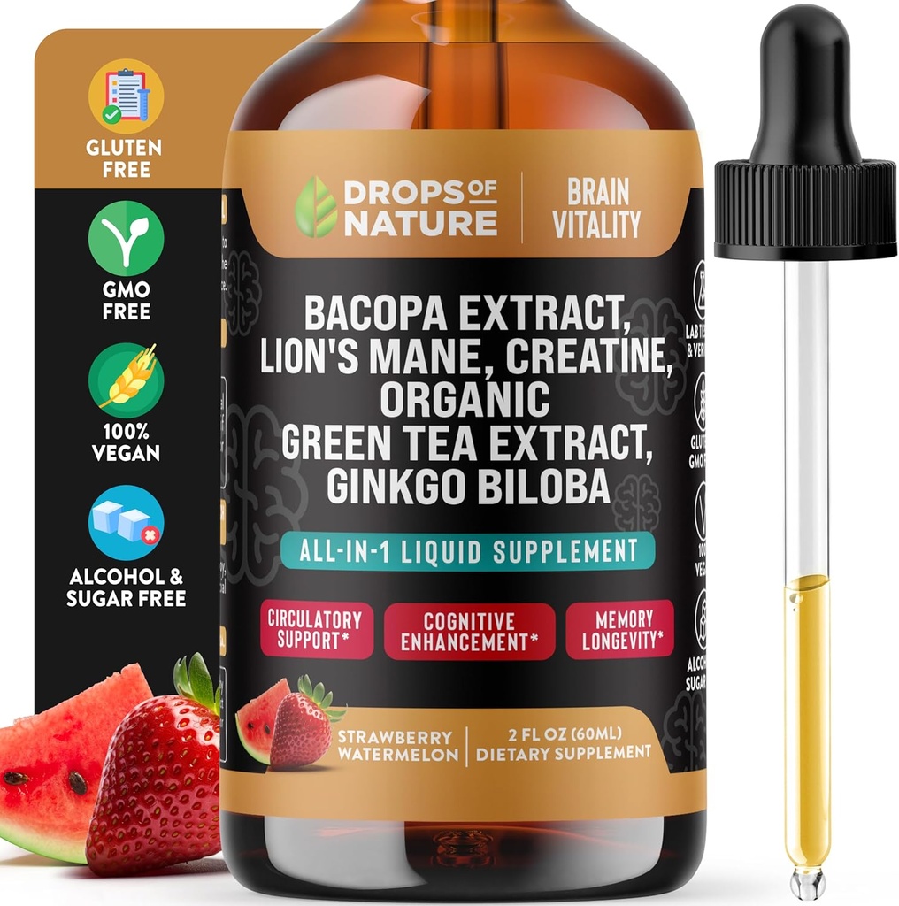 Creatine " Bacopa Liquid Drops with Lion’s Mane, Green Tea " Ginkgo Biloba - Faster Absorbing Blend than Gummies & Pills - Vegan Supplement for Enhanced Focus " Cognition (Strawberry Watermelon, 60mL)