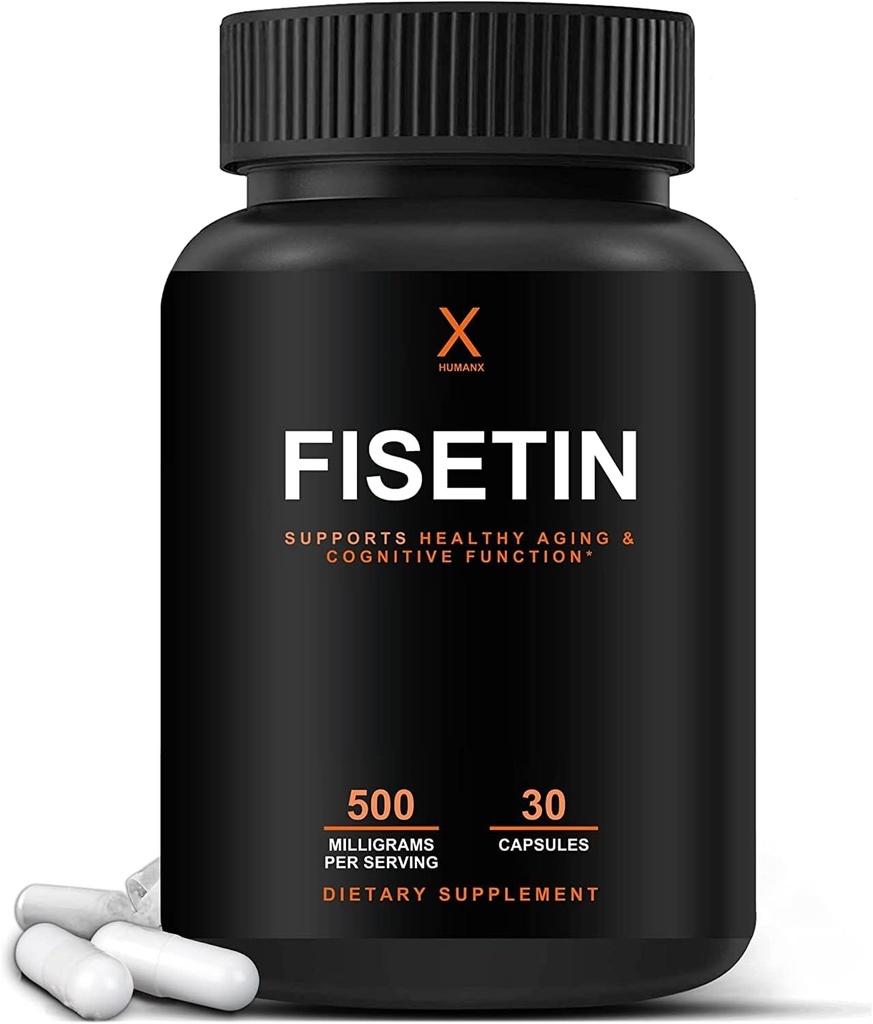 HUMANX Fisetin 500mg - 98% Fisetin Suplemento - Potencial Tamaño de servicio (Similar a Apigenin, Luteolin, Quercetin) Activador Senolítico - Polypheonols Naturales - USA Hecho, Cápsulas de Fisetina No GMO