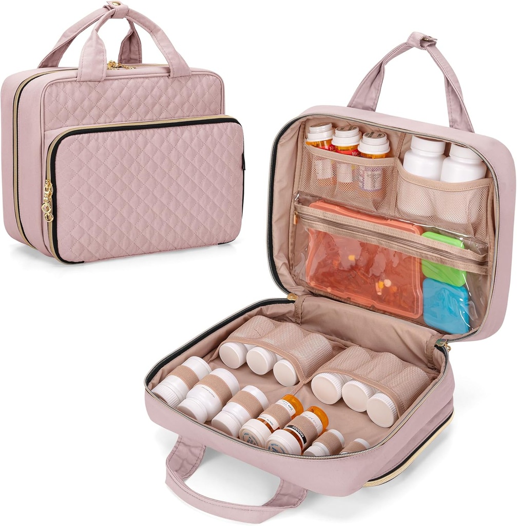 Damero Pill Bottle Organizer Bag, Travel Medicine Bag Organizer, Medicine Organizer and Storage for Pills, Vitamin, Fish Oil, Medical Supplements for Women and Men, Misty Rose