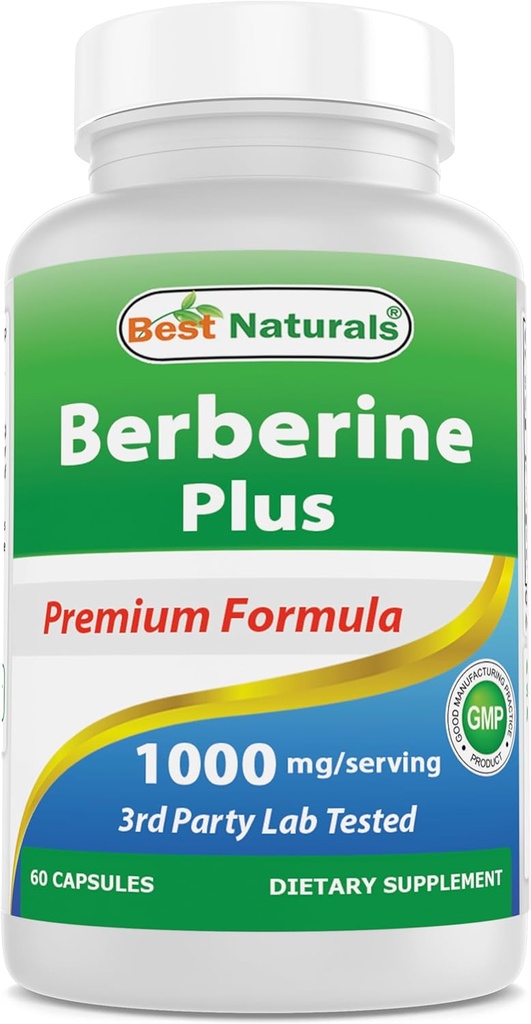 Best Naturals Berberine Plus 1000mg por Serving, 60 cápsulas - Contiene bereberina HCL 1000mg, vitamina C 120mg &amp; zync Gluconate 30 mg
