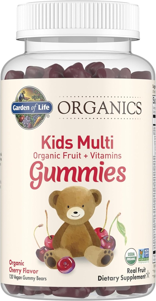 Jardín de la vida Orgánicas Infantiles Gummy Vitaminas, Certificada Orgánica, No GMO & Vegan Niños Completos - B12, C & D3 Gluten, Soy &amp; Dairy Free Real Fruit Chew Gummies, Multi, Cherry, 120 Condes
