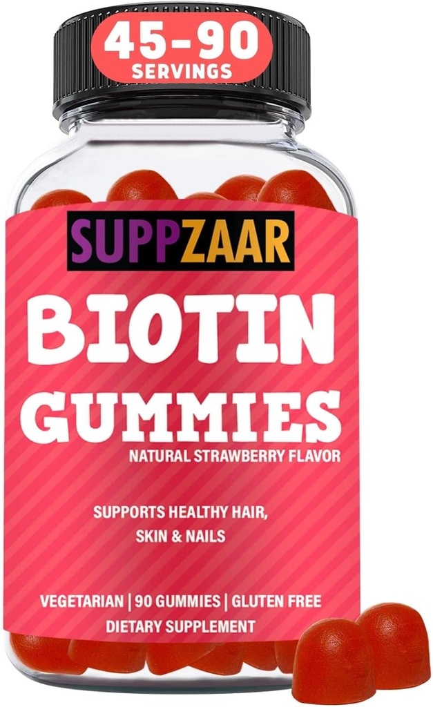 Gummies Vegan de Biotina - Vitaminas para el Crecimiento del Pelo para Mujeres y Hombres - Esquí de pelo y uñas Vitaminas - Fresa Sabor Gummy Vitaminas - No GMO, Gelatina & Sin gluten, 90 Gummies - SUPPZAAR