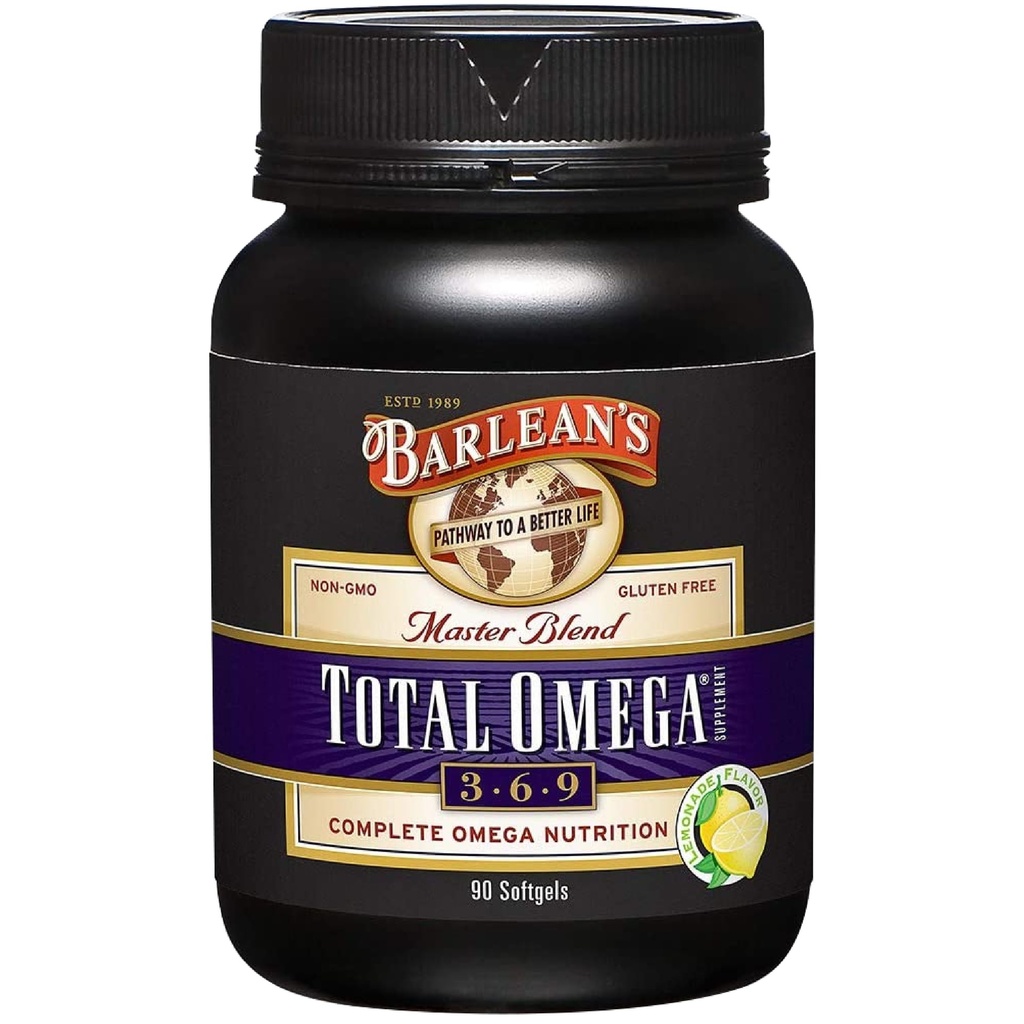 Omega total de Barlean 3 6 9 Softgels, suplemento de aceite de pescado de color azulado con aceite de borrado y licuado, 1000 mg Omegas ALA, EPA, DHA y GLA para suplementos de soporte conjunto y salud cardíaca, 90 Conde