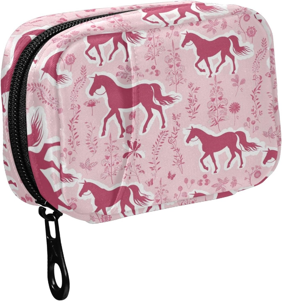 Fustylead Pink Horse Silhouette and Botanical Decor Elements Pill Organizer for Purse, Weekly Portable Pill Box with Zipper to Storage Vitamins Fish Oils Medications Suplementos