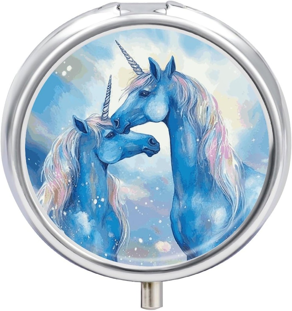 Caja redonda 3 Compartimiento Blue Horse Love Pill Box Mini Medicine Pill Organizer Portable Travel Pillbox for Pocket Purse Metal Pill Container for Vitamins Fish Oil Supplements