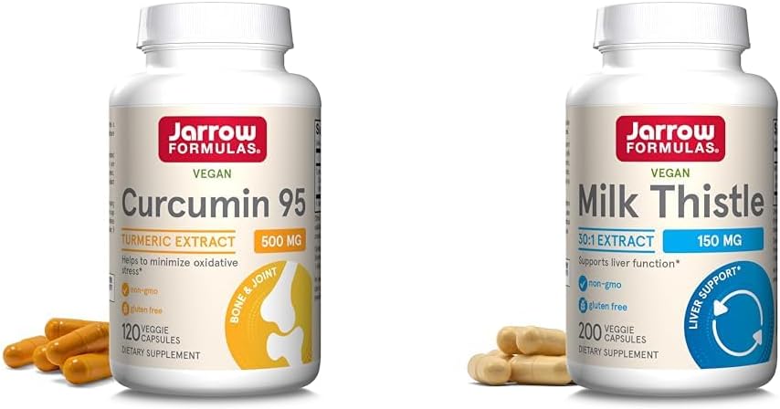 Jarrow Formulas Curcumin 95 500mg - Hasta 120 Servings (Veggie Caps) & Milk Thistle 150 mg con 30:1 Standardized Silymarin Extract