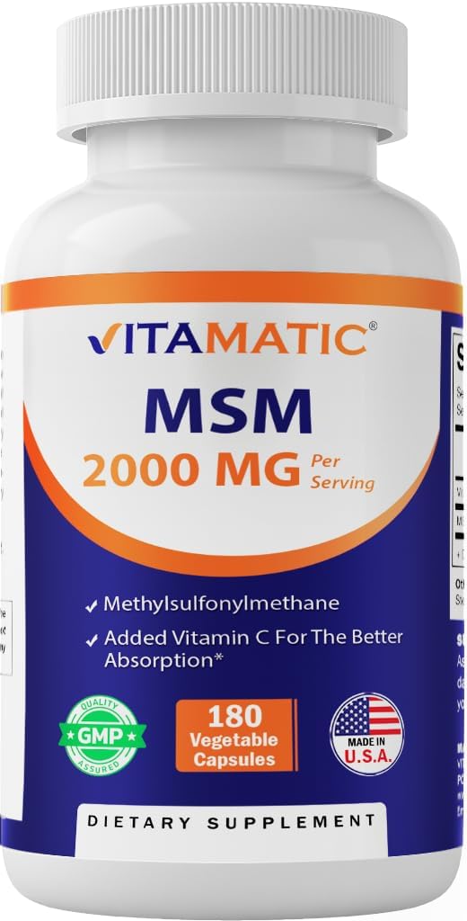 Vitamatic MSM 2000 mg con Vitamina C 75mg por Serving - 180 Veg Capsules - Vitamina C Ayuda en mejor absopriton de MSM (Methylsulfonylmethane) - No GMO &amp; Gluten Gratis
