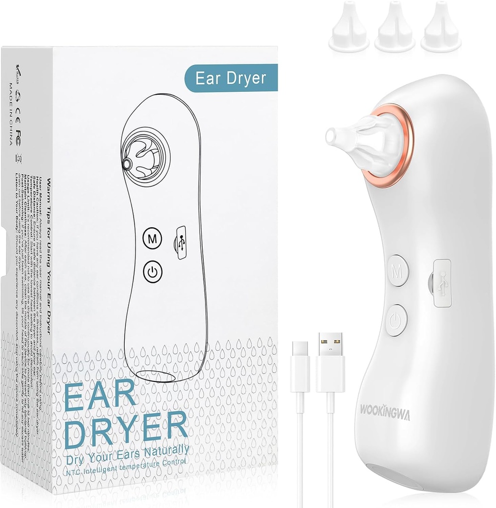 Ear Dryer, Rechargeable Ear Water Remover with Light, Electronic Warm Air Ear Drying Device for Swimming, Showering, Surfing, Diving, Hearing Aid Use (Ear Dryer with 3 Tips)