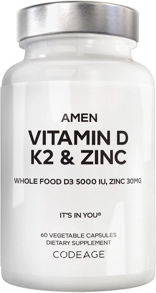 Amen Vitamina D, K2 " Zinc, Cholecalciferol D3 5000 UI, Alimento integral orgánico con manzana, arándano, arándano, fruta de arándano, suplemento vegano, vitaminas D3 K2, no GMO - 60 cápsulas