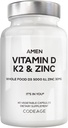 Amen Vitamina D, K2 " Zinc, Cholecalciferol D3 5000 UI, Alimento integral orgánico con manzana, arándano, arándano, fruta de arándano, suplemento vegano, vitaminas D3 K2, no GMO - 60 cápsulas