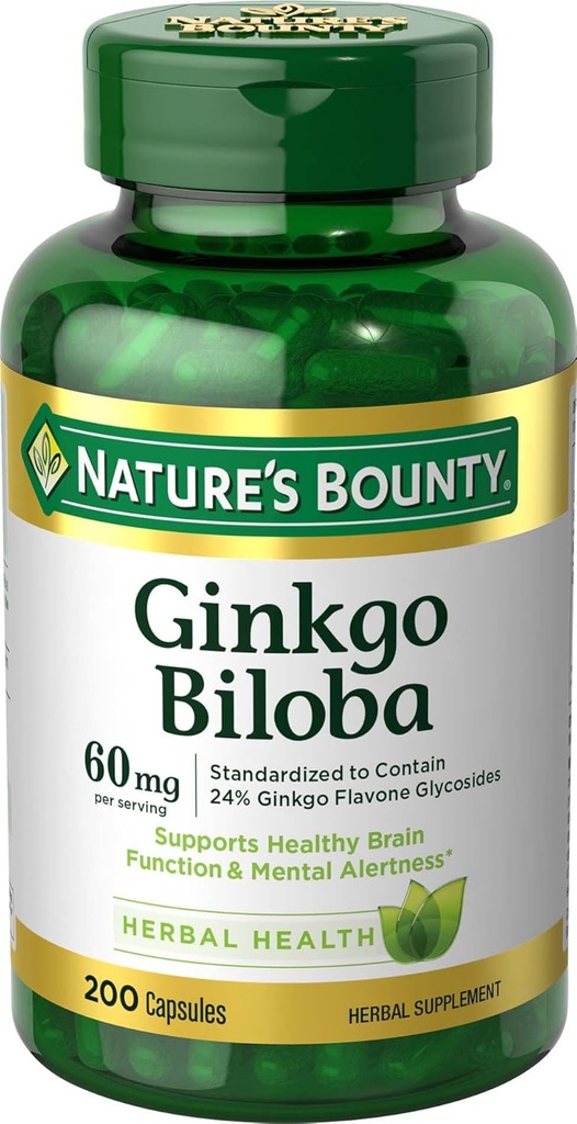 Bounty Ginkgo Biloba, apoya la función cerebral saludable, suplemento herbal, 60 Mg, 200 cápsulas
