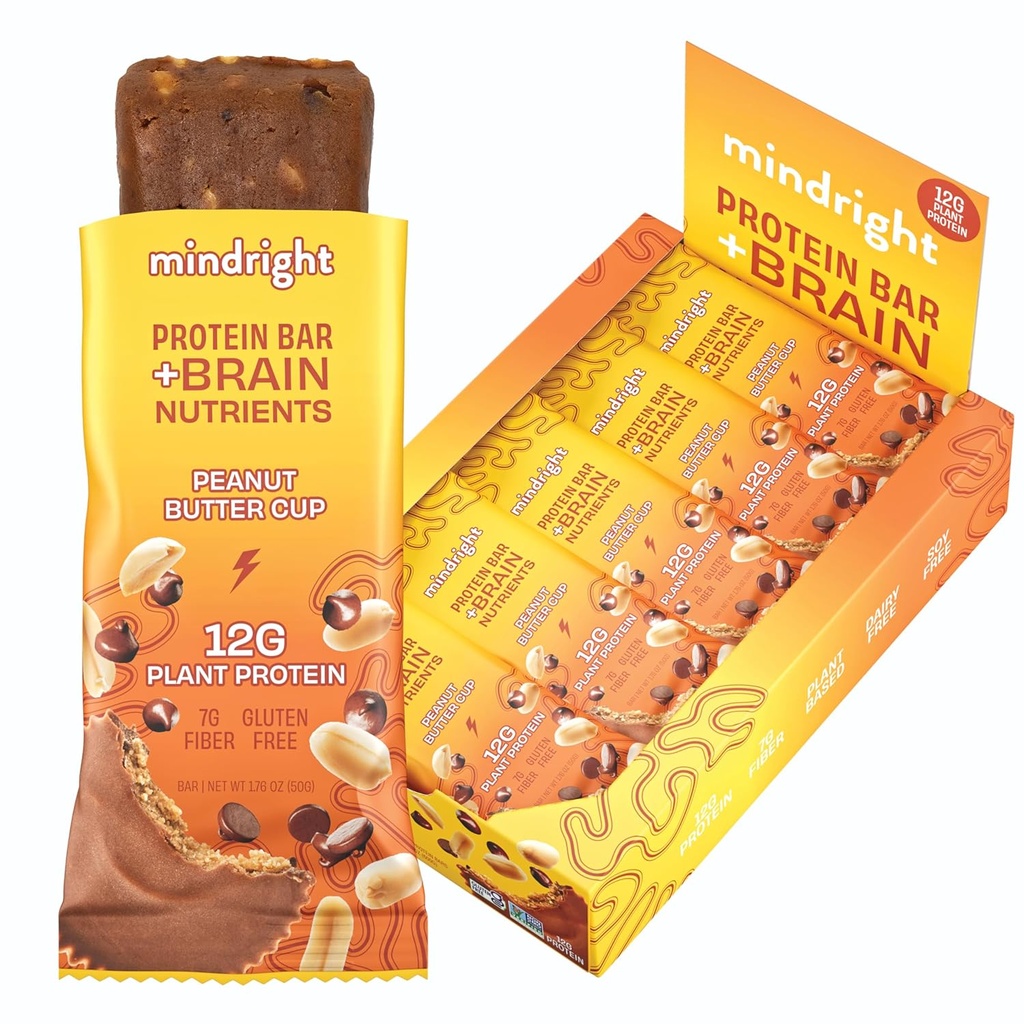 Mindright Superfood Vegan Protein Bar - Gluten Free, Non-Gmo, Low Sugar - Brain Food Snack to Enhance Mood, Energy, and Focus - Pack of 12 (Peanut Butter Cup)