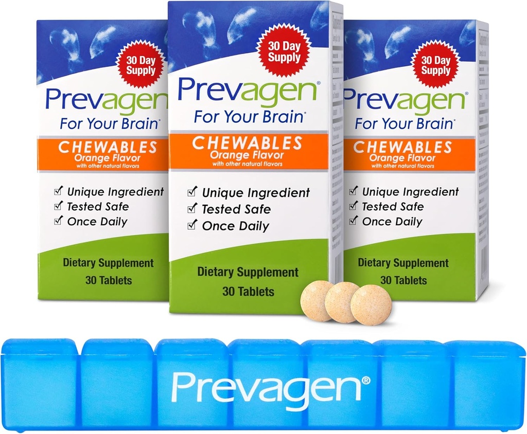 Prevagen Regular Strength Orange Chewables - 90 Tablets (3 Mes de Suministro) Silencio Formulado para Su Cerebro Ø 10 mg de Apoaequorin Plus Vitamina D3 con 7-Day Pill Minder