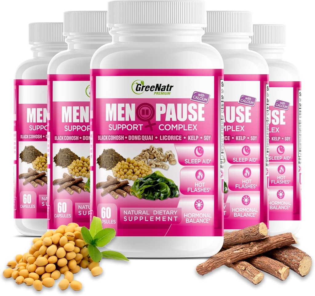 GreeNatr Herbal Menopause Support Complex for Hot Flashes, Night Sweats & Mood Swings Relief. Promotes Balanced Hormone Levels - Black Cohosh, Dong Quai, Licorice Root & Kelp Leaves (6 Bottles)