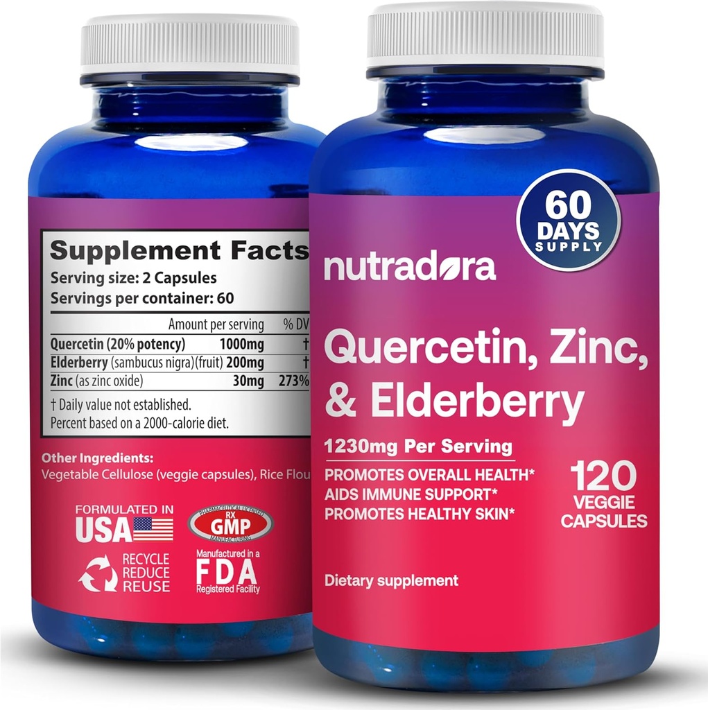 Quercetin 1000mg Veggie Capsules, Non-GMO, Elderberry Zinc Quercetin Supplements Supports Immune, Cardiovascular & Respiratory Health,120 Capsules (Pack of 1)