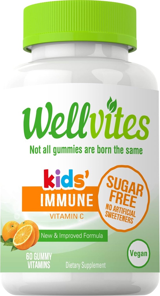 Wellvites Sugar Free Kids Immune Daily Gummy Vitamins - Vegan, Non-GMO - Vitamina C Gummies for Kids Immune Support, No Artificial Sweeteners, Gluten-Free, Gelatin-Free, 60 Conde (30 Day Supply)