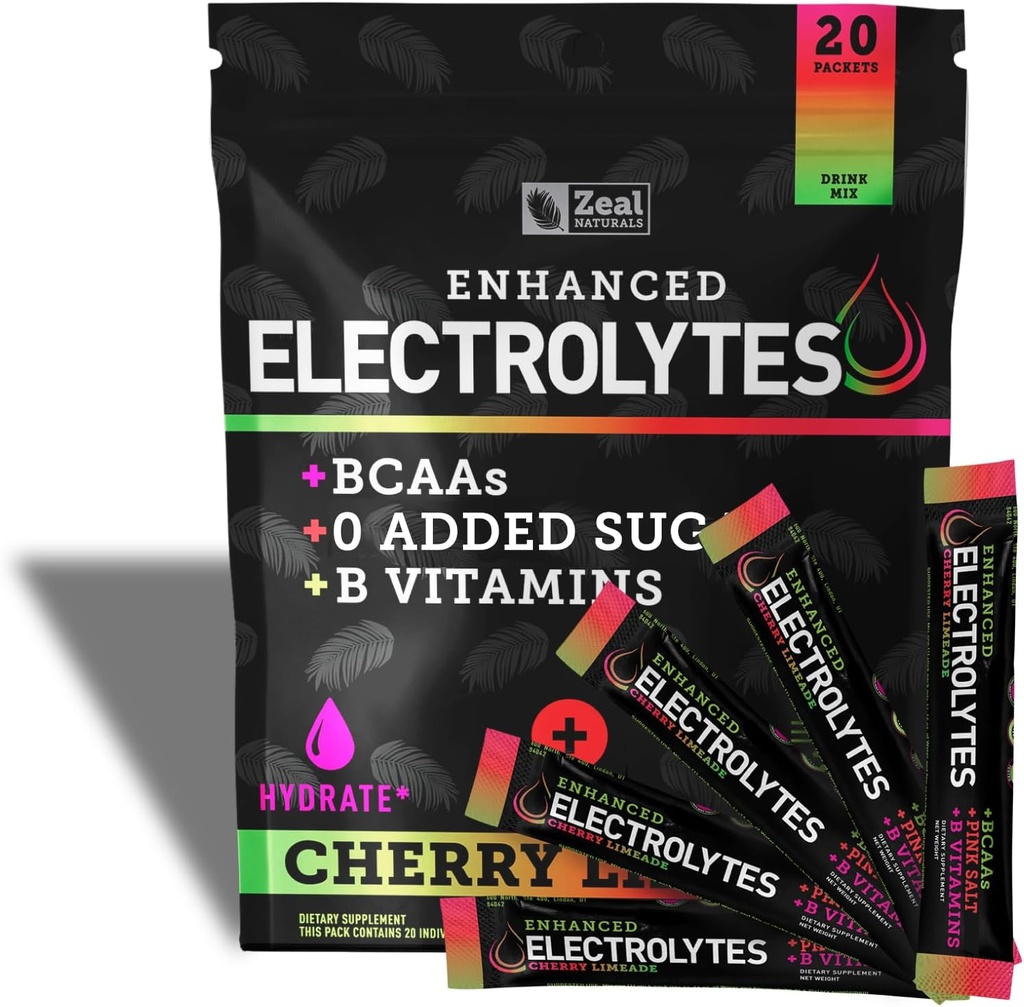 Enhanced Electrolyte Powder Stick Packs (Cherry Limeade tención 20 Packets) w / 0 Sugar +BCAAs +B-Vitamins Electrolyte Suplemento w Potassium Zinc &amp; Magnesium for Hydration - Keto Electrolytes