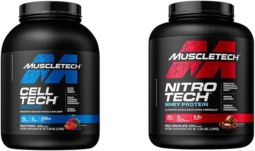 MuscleTech Creatine Monohydrate Powder Cell-Tech Creatine Powder & n Powder Nitro-Tech Whey Protein Isolate " Peptides peru Milk Chocolate, 4 libras (Pack of 1), 40 piezas