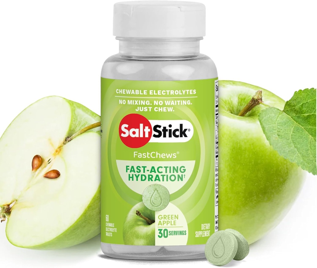 SaltStick Electrolyte FastChews - 60 Green Apple Chewable Electrolytes - Tablas de sal para correr e hidratación, Electrolyte Chews - 60 Cuenta