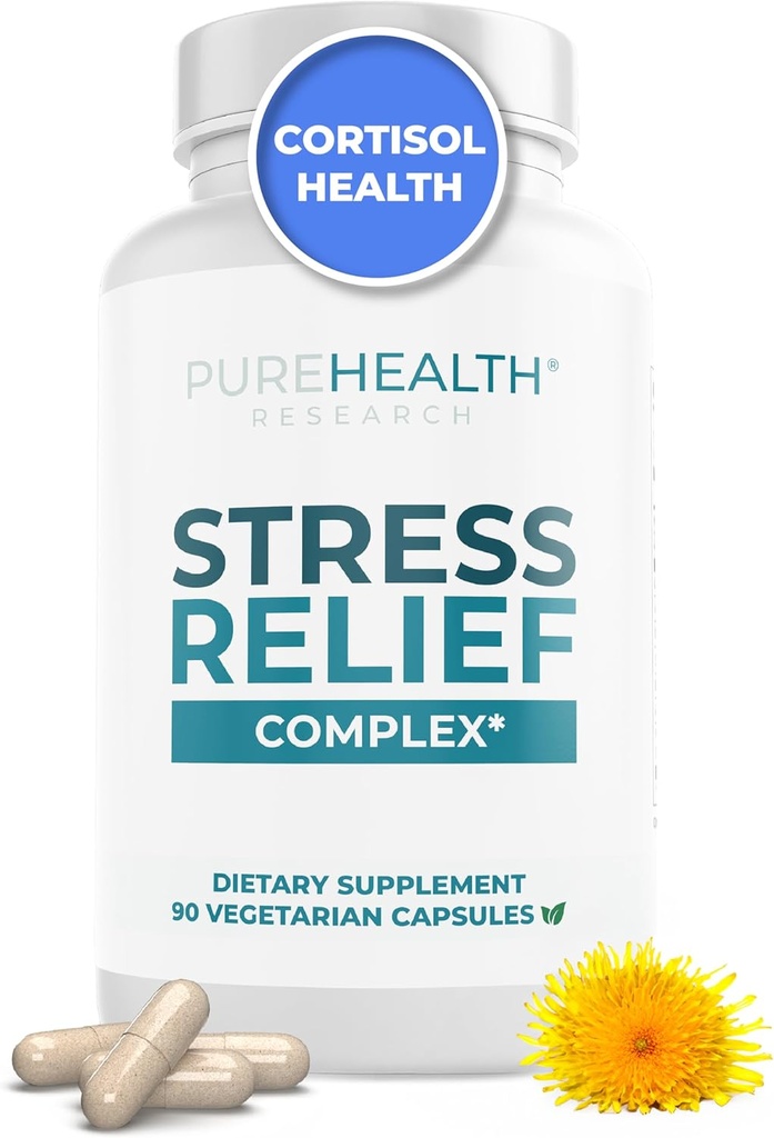 PUREHEALTH RESEARCH Stress Release Complex - Mood Support Supplement for Women &amp; Men - Helps With Occasional Stress & Relaxation - With Ashwagandha, L Theanine, Lemon Balm, Niacin &amp; Más - 90 cápsulas
