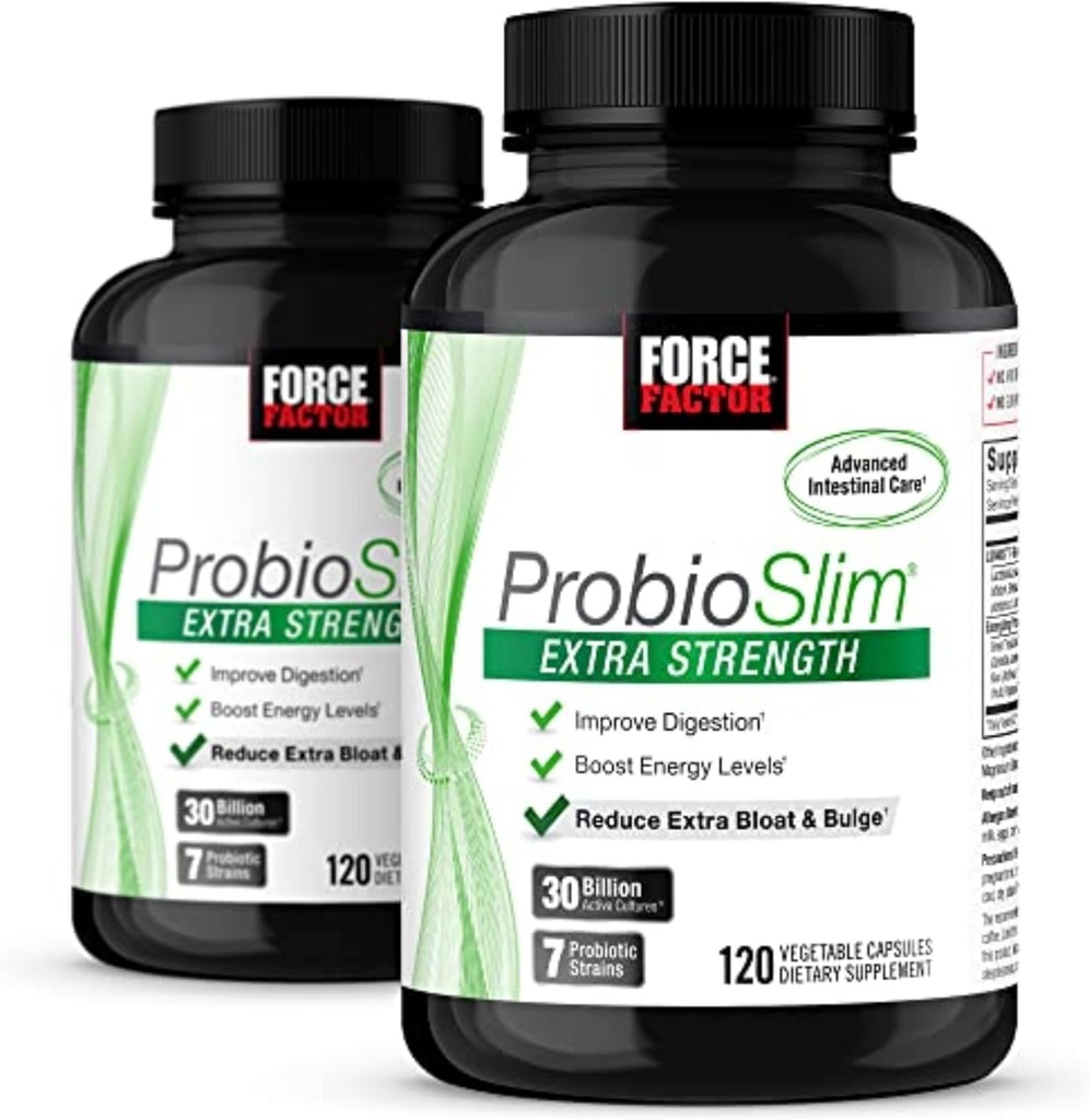 Factor de fuerza ProbioSlim Extra Strength, Suplemento Probiótico para Mujeres y Hombres con 30 Billones CFUs y Green Tea Extract for Gut Health Support, Bloating and Gas Relief, 120 Conde (Pack of 2)