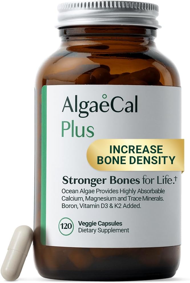 ALGAECAL Organic Red Algae Calcium Supplement for Bone Density, Vitamin K2 MK7 (100mg), Vitamin D3 (1600 IU), Magnesium (350mg) & Trace Minerals & Strength, Easy to Swallow, 120 Veggie Caps