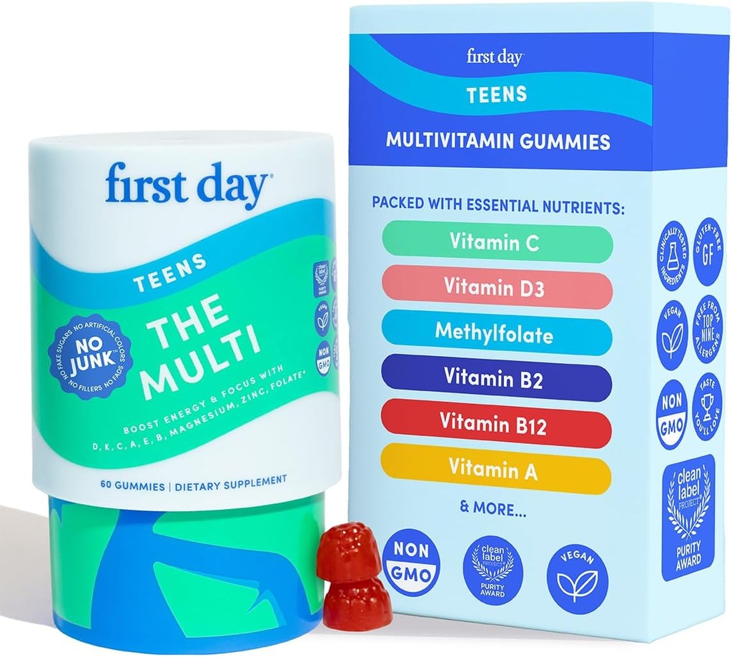PRIMER DÍA Vitaminas para Adolescentes - Vitaminas Multi Adolescentes para Niños de Niña 12-17, Frutas Ecológicas &amp; Veggie Blend - 12 Nutrientes Clave: Vitaminas A, B1, B2, B6, B9, B12, C, D3, E, K2-30 Day Supply