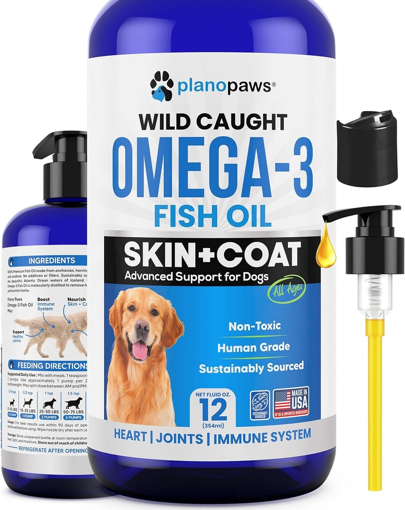 Omega 3 aceite de pescado para perros - Mejor que el aceite de salmón - Petróleo de pescado para perros suplemento para reducir la cama &amp; picazón - Soportes Juntas, cerebro y salud del corazón - Suplemento de piel y carne - Aceite de pescado líquido