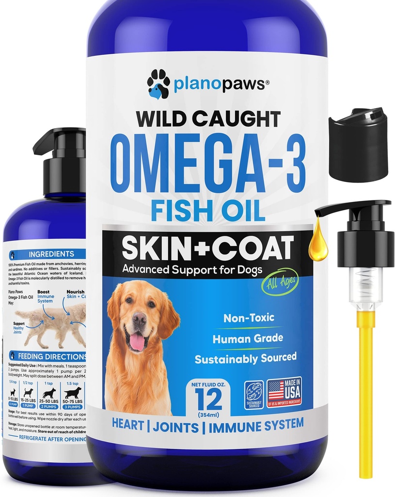 Omega 3 aceite de pescado para perros - Mejor que el aceite de salmón - Petróleo de pescado para perros suplemento para reducir la cama &amp; picazón - Soportes Juntas, cerebro y salud del corazón - Suplemento de piel y carne - Aceite de pescado líquido