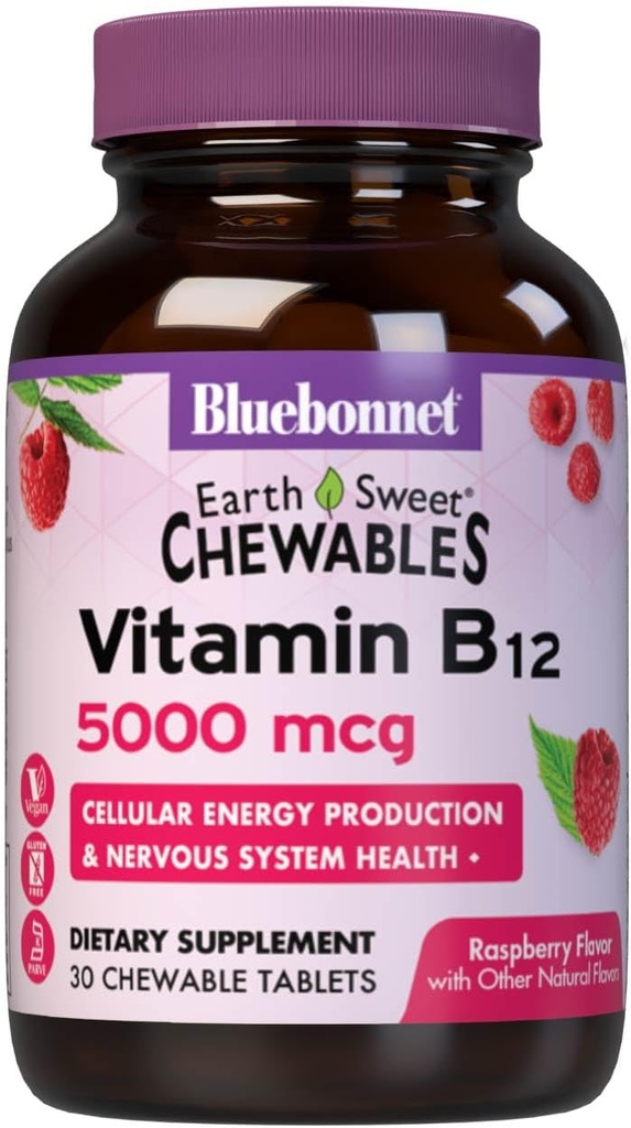 Bluebonnet Nutrition Earth Sweet Vitamin B12 5000 mcg Chewable Tablets, Soy-Free, Kosher Certified, Dairy-Free, Vegan, Raspberry Flavored, 30 Chewable Tablets, 30 Servings