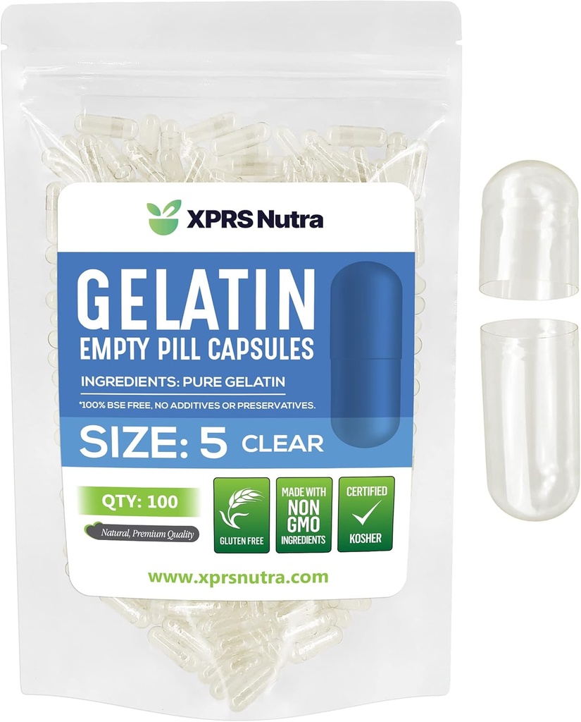 XPRS Nutra Size 5 Empty Capsules - 100 Count Clear Very Small Empty Gelatin Capsules - Pills DIY Capsule Filling - Fillable Pill Gel Caps for Do-It-Yourself Vitamin Supplements