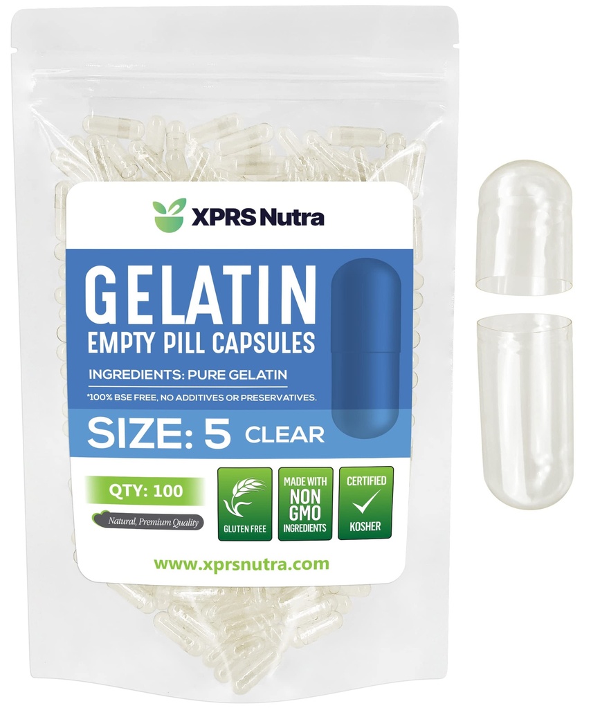 XPRS Nutra Size 5 Empty Capsules - 100 Count Clear Very Small Empty Gelatin Capsules - Pills DIY Capsule Filling - Fillable Pill Gel Caps for Do-It-Yourself Vitamin Supplements