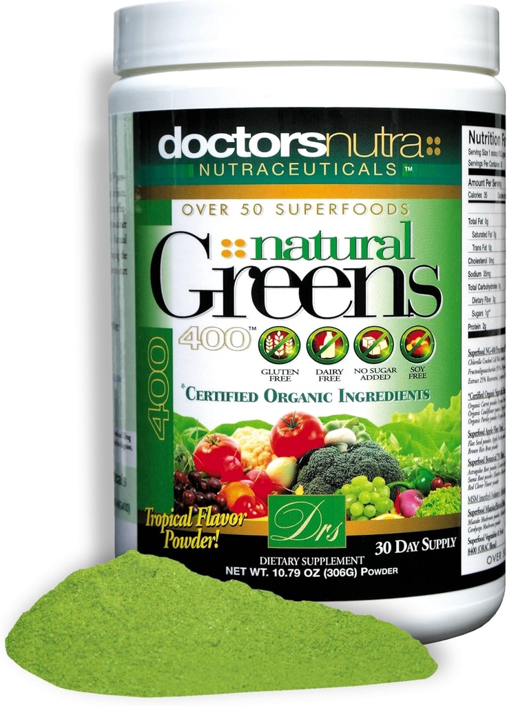 Natural Greens Powder Super Food Mix, 10.79 onzas (306 gramos) con ingredientes orgánicos certificados - 50 superalimentos vegetales vegetarianos - Sin gluten, sabor tropical