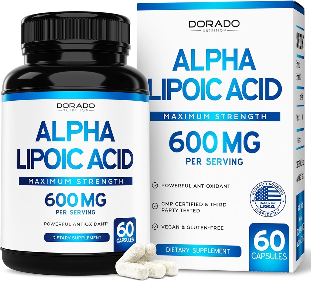 Ácido Lipoico alfa 600mg por Servir 60 cápsulas - Antioxidante Potente para Neuropatía y Salud Cardiovascular (Suplemento ALA) - Tercera Parte Probada, No GMO, Gluten Free, Vegan &amp; USA Made