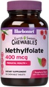 Bluebonnet EarthSweet Methylfolate 400 mcg Celular Active Coenzyme 5-MTHF L Methyl Folate Supplement - Prenatal & Energy Support* - Non-GMO, Vegan, Gluten-Free - Raspberry - 90 Chewable Tablets