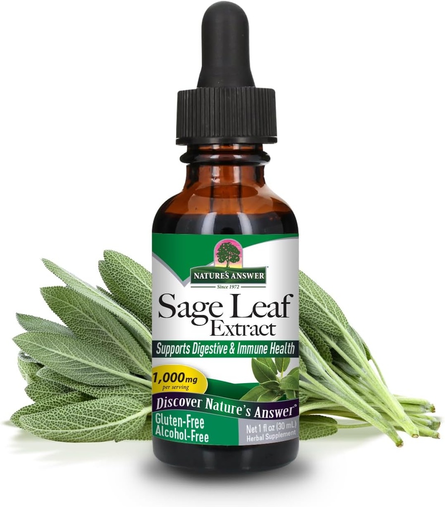 Respuesta de la naturaleza Alcohol Free Sage Leaf Suplemento 1 Fluid Ounce Gluten Free ← Asistencia Digestiva Promueve la función mental