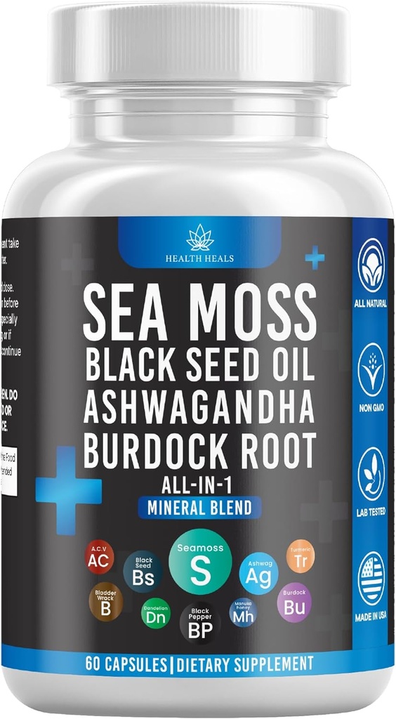 Silicon Sea Moss Black Seed Oil Ashwagandha Bladderwrack Burdock - 60 Cuenta