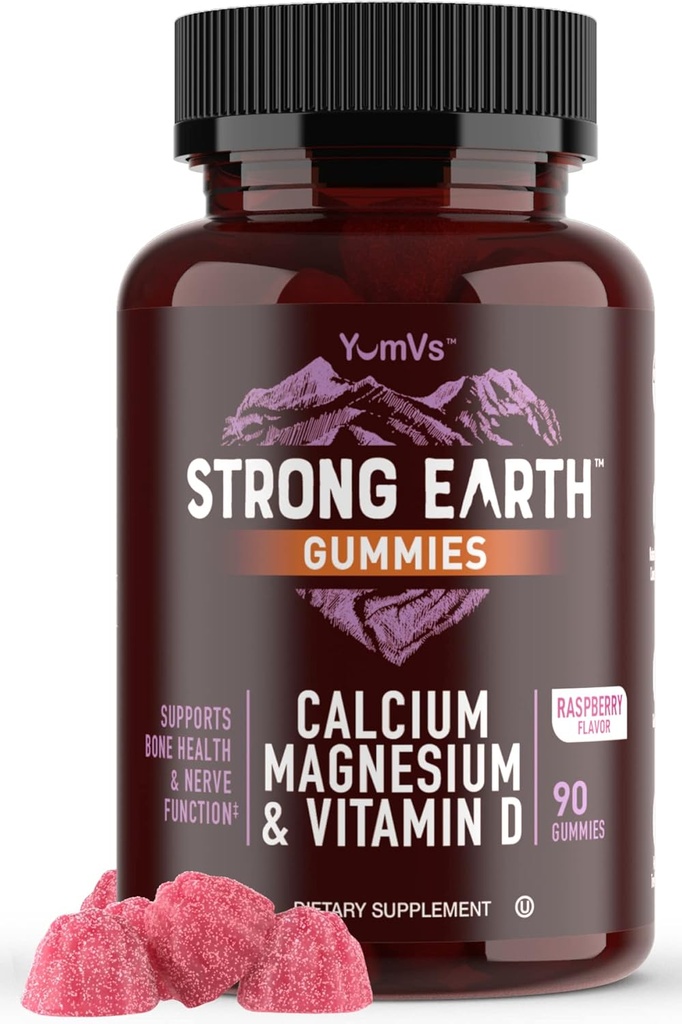 Calcio Tierra Fuerte de YUM-V, Magnesio, Vitamina D3 Gummies, Vitamina Gummies, Suplemento Calcio para la Salud Fuerte de los Huesos para Hombres Mujeres - Certified Kosher (90 Cuenta)
