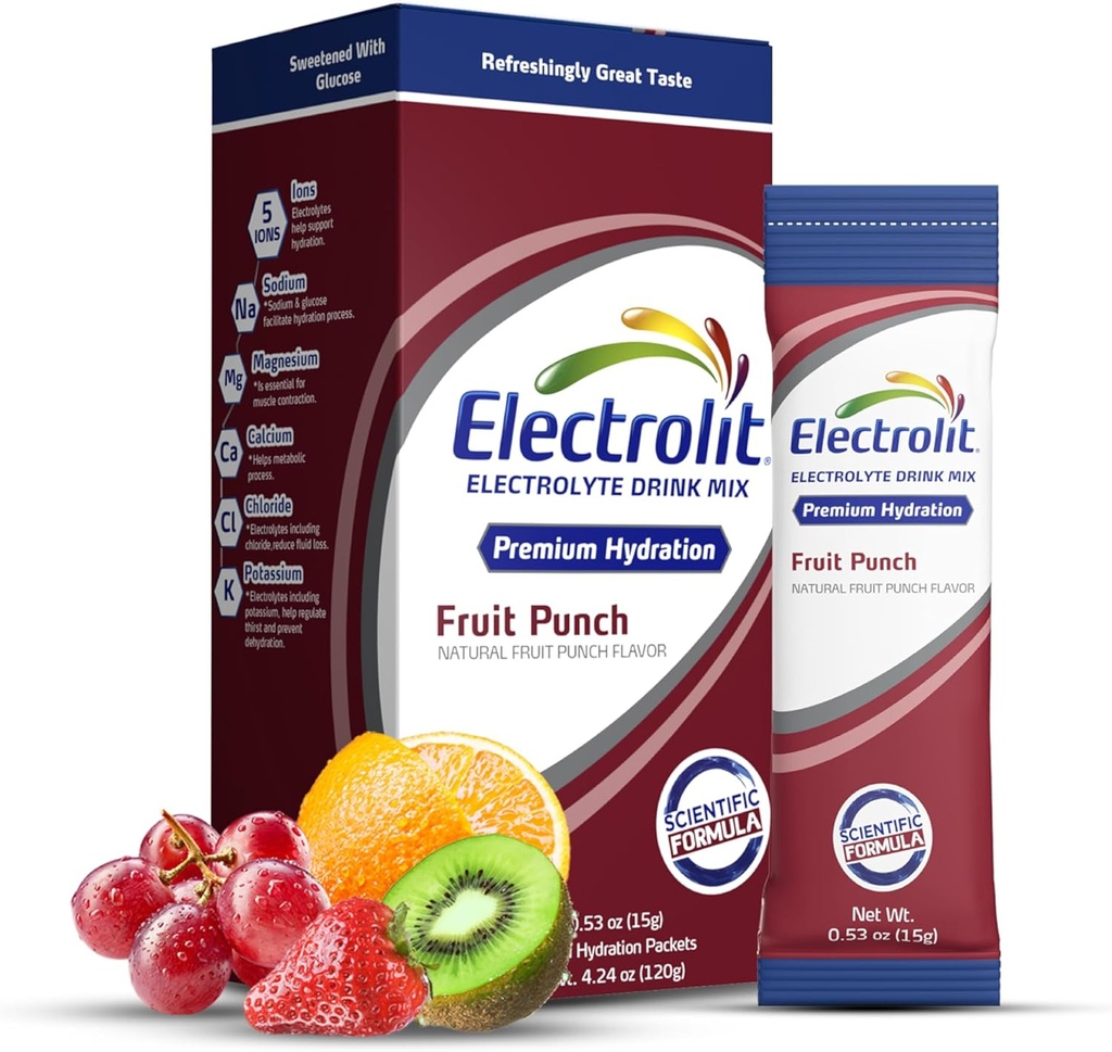 Electrolit Electrolytes Embalajes de polvo, Fruit Punch 8 Pack, Powdered Hydration Packets for Dehydration " Rehydration, Post Workout Flavored Hydrating Drink Mix, Gluten Free Daily Water Enhancer Sticks
