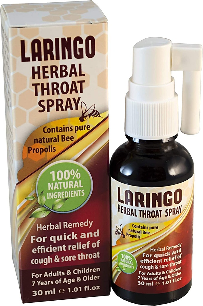 Laringo Throat Spray - Contains Pure 99% Raw Bee Propolis Extract - 100% Natural Throat Remedy for Adults and Children - Gluten Free, Quick Relief. Kosher - 1 FL Oz