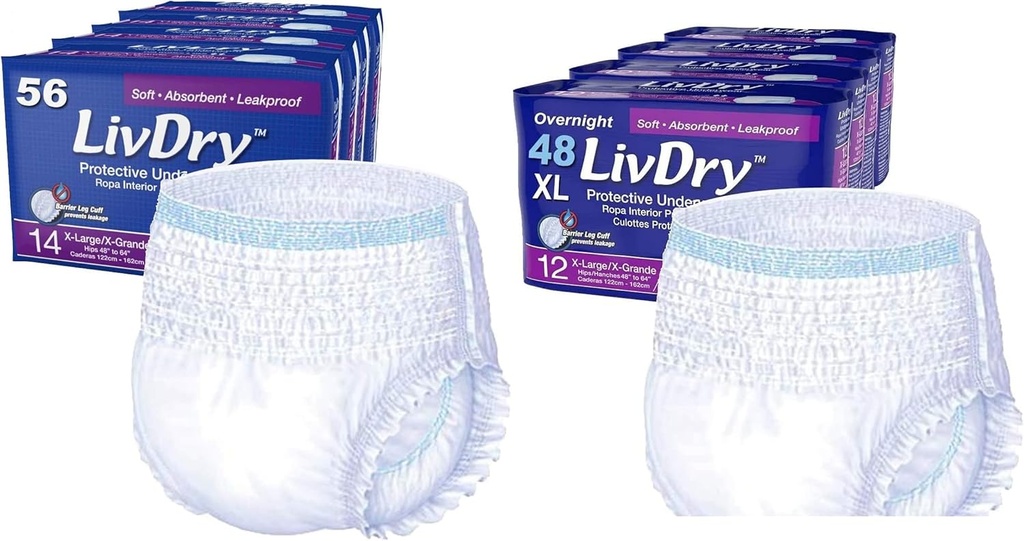Ropa interior de incontinencia de adultos de LivDry, Absorbencia Extra con Cabina de noche Comfort - Extra Grande, Caso