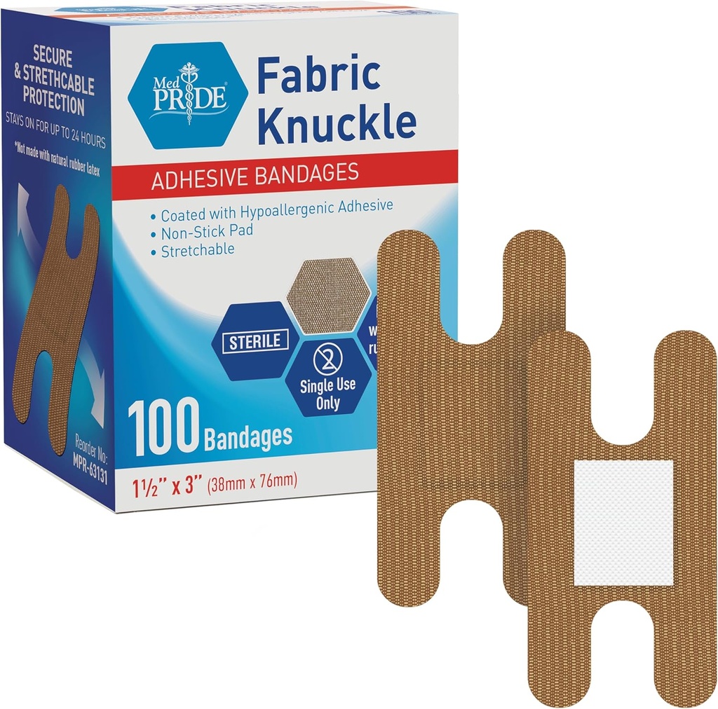MED PRIDE 100 Sterile Fabric Fingertip, Finger y Knuckle Bandages – Latex y Rubber Free Hypoallergenic, 1.5in X 3in