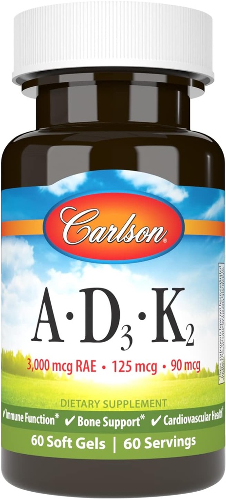 Carlson - Vitaminas A, D3, K2, 3000 mcg RAE Vitamina A, 125 mcg Vitamina D3, 90 mcg Vitamina K2 como MK-7, Bone Building, Calcium Utilization, 60 Soft Gels